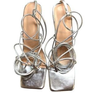 Women's 9.5 Silver Leg Wrap Sandals 4 Inch High Heel Shoes 9 1/2